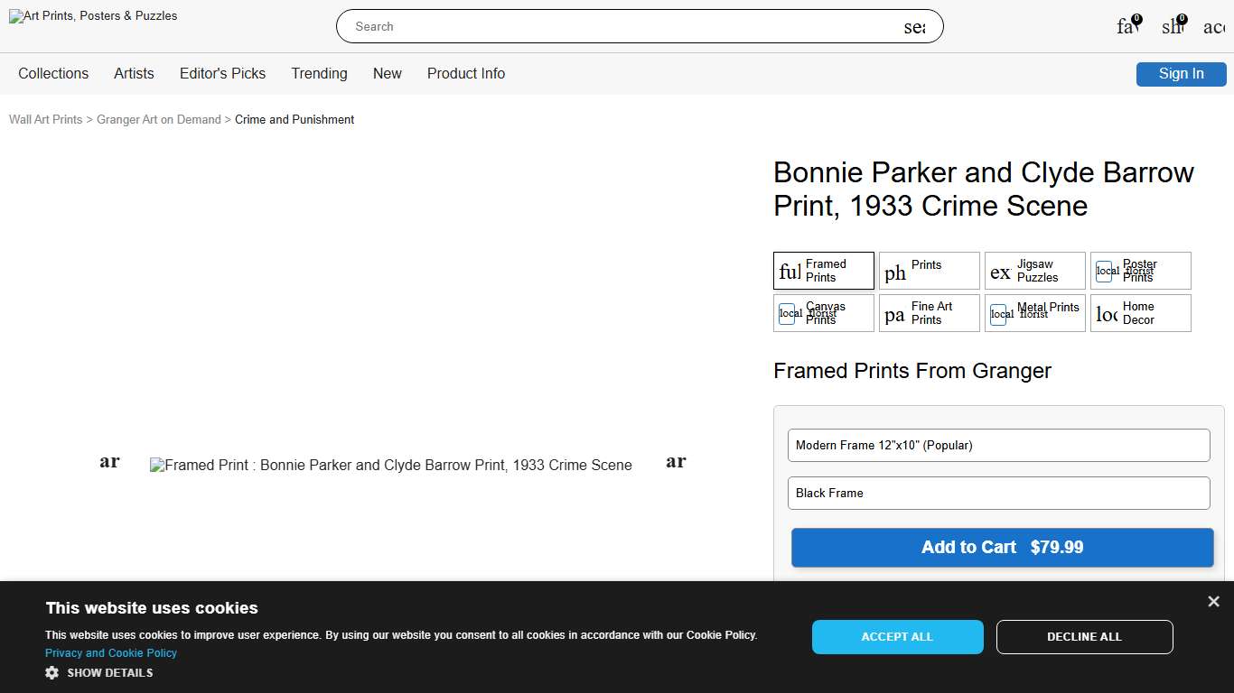 Bonnie Parker and Clyde Barrow Print, 1933 Crime Scene. Art Prints, Posters & Puzzles from Granger