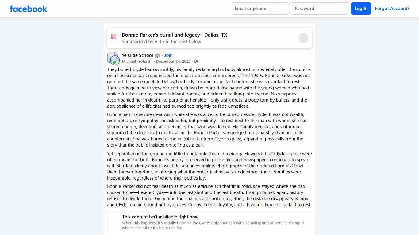 Ye Olde School 🏫 They buried Clyde Barrow swiftly, his family reclaiming his body almost immediately after the gunfire on a Louisiana back road ended the most notoriou... Facebook